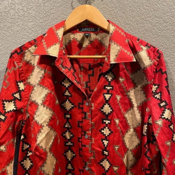 Lauren Ralph Lauren Button Front Shirt Womens Plus 2X Red Aztec Print Cotton - Picture 3 of 5